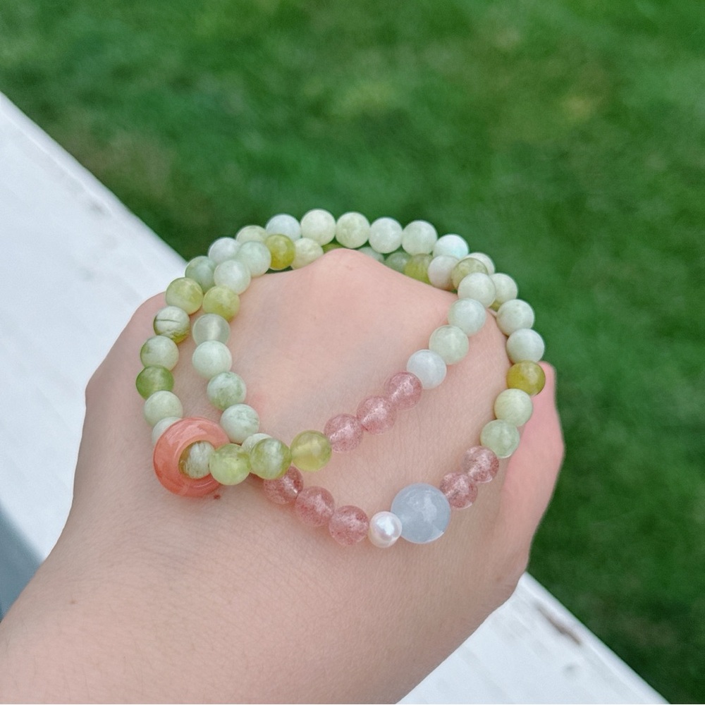 GB18 Handmade Jade Strawberry Quartz double layer Stretchable Bracelet